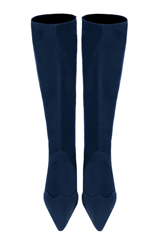 Custom-made women's navy blue elegant classic knee-high boots. Pointed toe. Low flare heels - Top view